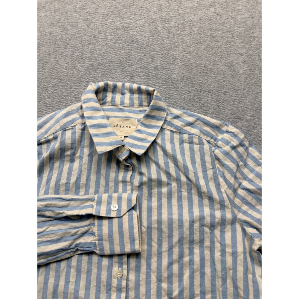 Sezane Blue White Striped Cotton Button Down Shirt Size 34 Long Sleeve Paris